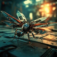 Canvas Print - A close up of a metal insect on a table. Generative AI.