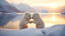 Two White Polar Bears Touching Hands In The Snow. Generative AI.