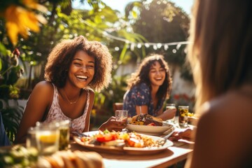 Diverse teenage and friends having a picnic barbeque grill in the garden. Generative AI