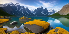 A Mountain Range With A Lake Surrounded By Yellow Moss And Rocks In The Foreground And A Mountain Range In The Background,Generative AI