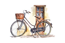 Watercolor Vintage Bicycle Under Window. Vector Illustration Design.