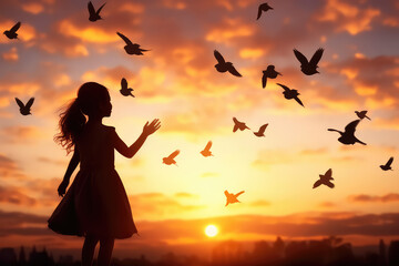 silhouette of a girl releasing pigeons to the sunset twilight