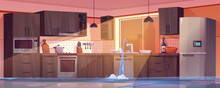 Flood In Broken Home Kitchen Room With Pipe Leak Vector Background. Abandoned Dirty House Interior With Insurance Disaster. Water Leakage On Floor Of Modern Apartment With Sink, Stove And Hood