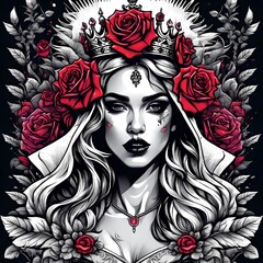 Tattoo flash art of a modern day queen or princess surrounded by roses and plants. 