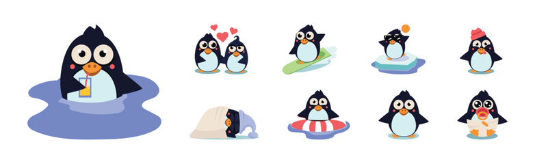 Canvas Print - Cute Penguin Character Engaged in Different Activity Vector Set