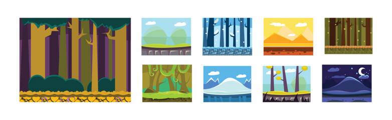 Wall Mural - Mobile Game Horizontal Backgrounds and Scenery Vector Set
