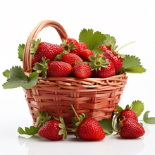 Wicker Basket With Tasty Red Strawberries On White Background, Ai Technology