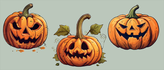 Poster - halloween autumn orange pumpkins in cartoon style. Design element for Halloween, Thanksgiving, harvest festival. Diet vegetables. vector illustration.