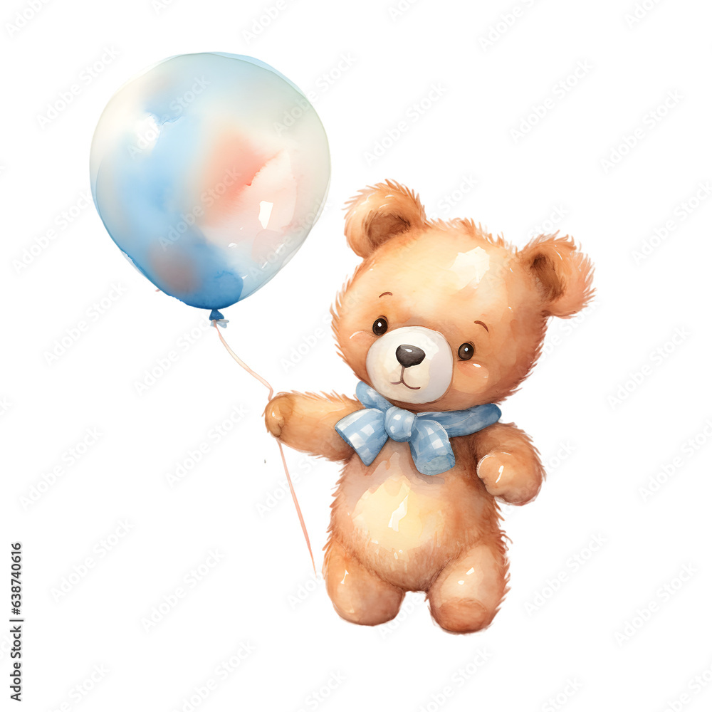 Teddy bear with balloons watercolor illustration isolated on ...