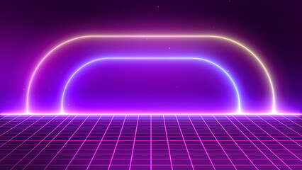 Sticker - Retro style 80s-90s laser neon background. Futuristic Grid landscape. Digital Cyber Surface. Suitable for design in the style of the 1980s-1990s. 3D illustration