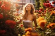 A  beautiful woman enjoying in garden flowers at the summer sun , copy space ,Generative AI