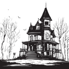 scary house silhouette sketch. Mystical house with monsters and ghosts for Halloween. creepy house. Vector illustration for the store. The tattoo is isolated on a white background.