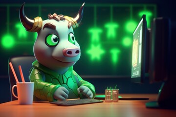 Wall Mural - Cute Bull trading on Computer 3d Cartoon Style Rendering, Bullish Divergence in Stock Market and Crypto Currency. Generative Ai