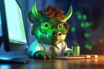 Wall Mural - Cute Bull trading on Computer 3d Cartoon Style Rendering, Bullish Divergence in Stock Market and Crypto Currency. Generative Ai