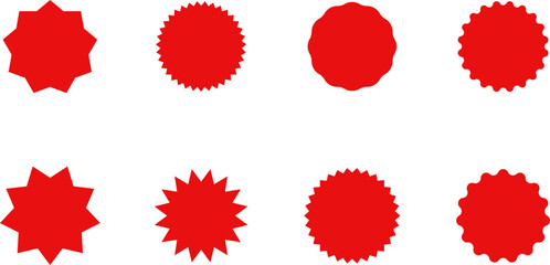 Starburst red sticker set - collection of special offer sale oval and round shaped sunburst labels and badges. Promo stickers with star edges. Vector.