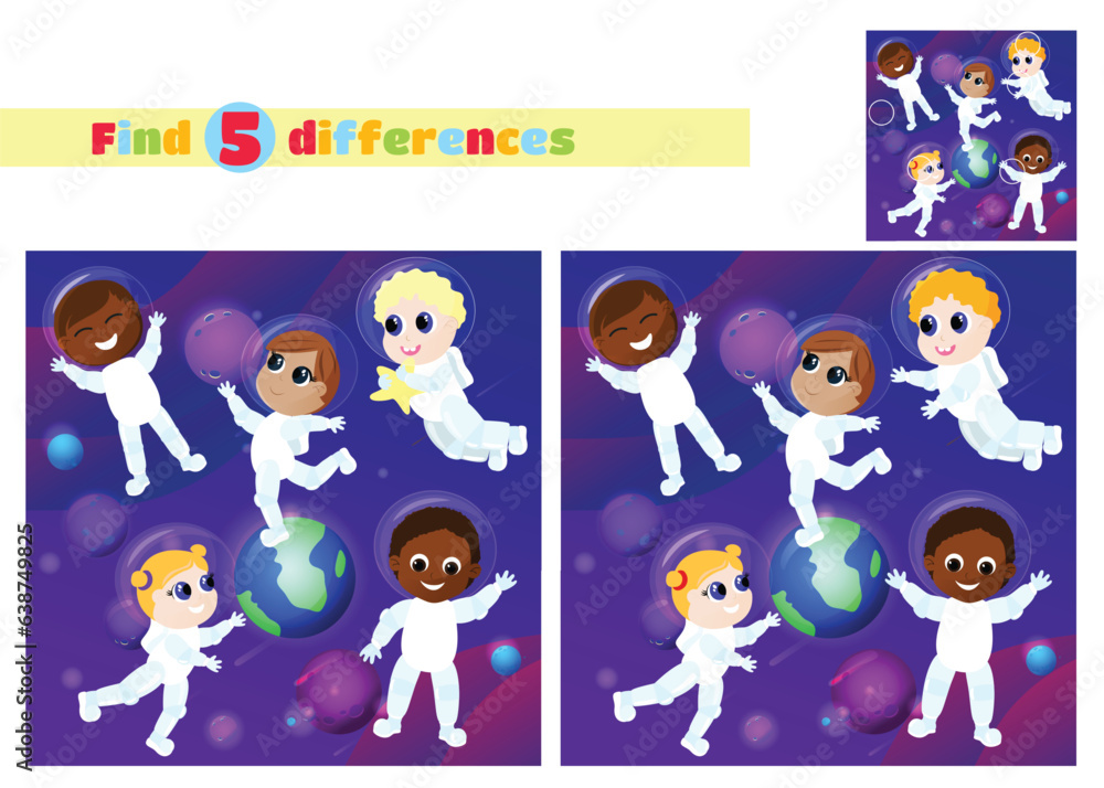 Find the differences. A group of multicultural children in astronaut ...