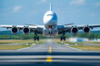 © Shahsoft Production - Airline Airbus, aeroplane on airport runway, airplane is flying over a runway