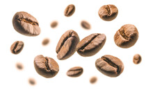 granos de café flotando levitando sobre un fondo blanco 