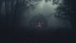The Silhouette of a Person Standing Outside of a Scary House in a Foggy Forest