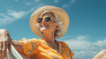 Wall Mural - an elderly lady in a hat and sunglasses enjoys her life.