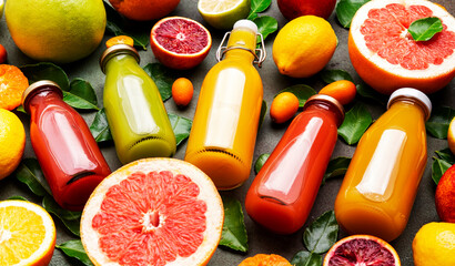 Wall Mural - Summer fruit drinks. Citrus juices and smoothies in bottles, food background, top view. Mix of different whole and cut fruits: orange, grapefruit, lime, tangerine with leaves 
