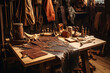 The essence of craftsmanship captured with leatherworking tools and raw hides spread across a craftsman's table