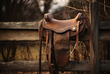  A Rustic Scene Of A Well-used Leather Saddle Resting On A Fence, Bringing Forth Memories And Tales Of Countryside Adventures