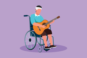 Wall Mural - Cartoon flat style drawing of musician man sitting in wheelchair with acoustic guitar and play music, sing song. Musical performance. Rehabilitation center patient. Graphic design vector illustration