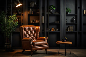 The ambiance of a classic study room heightened by the elegance of a leather armchair bathed in the glow of a lamp