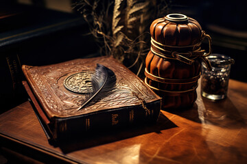 Canvas Print - Evoking a sense of nostalgia, a leather diary waits to be inscribed beside an ornate quill and ink pot