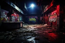 Interior Of An Old Abandoned Industrial Building With Graffiti On The Walls, A Vivid Haunting Image Of An Abandoned Nightclub. Dark, Graffiti-covered Walls Frame The Dimly Lit Space, AI Generated