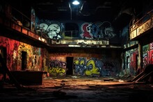 Abandoned Factory Building With Many Graffiti On The Walls At Night, A Vivid Haunting Image Of An Abandoned Nightclub. Dark, Graffiti-covered Walls Frame The Dimly Lit Space, AI Generated
