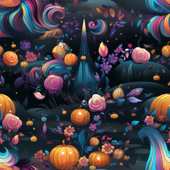 Wall Mural - Enchanted Halloween  seamless pattern with pumpkins, background, magical 