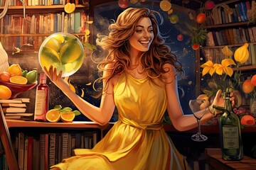 Poster - Beautiful woman in a long yellow dress with a glass of lemonade. whimsical image of a cheerful, confident woman in a flowing dress in a cozy, historic bookstore, surrounded, AI Generated