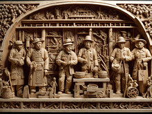 A Carved Wooden Panel Depicting People And Animals