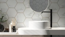 White Vanity Counter, Modern Bowl Washbasin, Black Faucet In Sunlight, Shadow On Pastel Blue Hexagon Tile For Luxury Beauty, Cosmetic, Skincare, Body Care, Aromatherapy Product Display Background 3D
