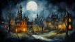 Leinwandbild Motiv Watercolor painting of mysterious halloween night in the city