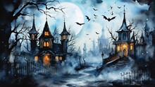 Watercolor Painting Of Mysterious Halloween Night In The City