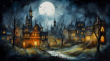 Watercolor Painting Of Mysterious Halloween Night In The City