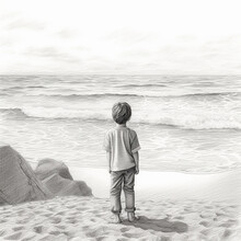 Little Boy Standing At The Beach And Looking At The Sea. Black And White Drawing.