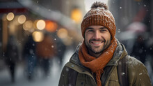 a man smiles in winter with a hat and scarf.