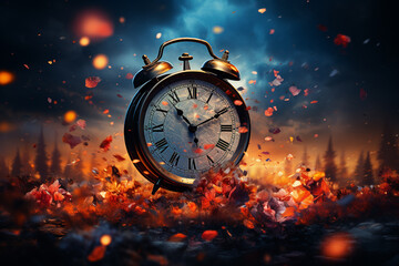 Fototapete - An artistic illustration of a clock transforming into a fireworks display at midnight, representing the transition to a new year.  Generative AI technology.