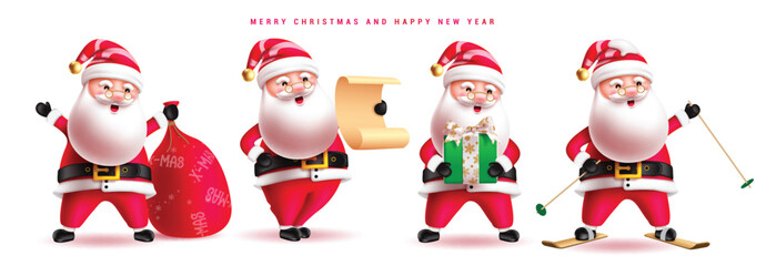 Wall Mural - Christmas santa claus characters vector set design. Santa claus character in standing pose, skating, reading wish list and holding gift box isolated in white. Vector illustration santa claus character