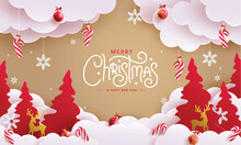 Christmas Greeting Text Vector Design. Merry Christmas And Happy New Year Greeting Card With Paper Cut Ornaments And Elements Decoration. Vector Illustration Holiday Season Template.
