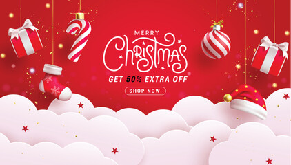 merry christmas text sale vector banner design. christmas sale promo discount offer with paper cut c
