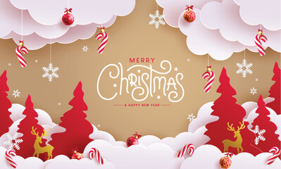 Wall Mural - Christmas greeting text vector design. Merry christmas and happy new year greeting card with paper cut ornaments and elements decoration. Vector illustration holiday season template.
