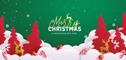 Wall Mural - Merry christmas greeting vector design. Christmas greeting text in space with pine tree, fir tree and clouds in paper cut style decoration elements. Vector illustration greeting card template.

