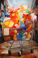Aufkleber - A close-up of a shopping cart filled to the brim with discounted products, showcasing the abundance of deals available. Generative AI technology.