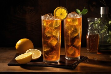 Iced tea with lemon and mint on a dark wooden background.