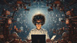 © Yeti Studio - The young humanoid female head is connected to a super computer, symbolizing artificial intelligence. Futuristic illustration of the relationship between humans and neural networks. Copy space